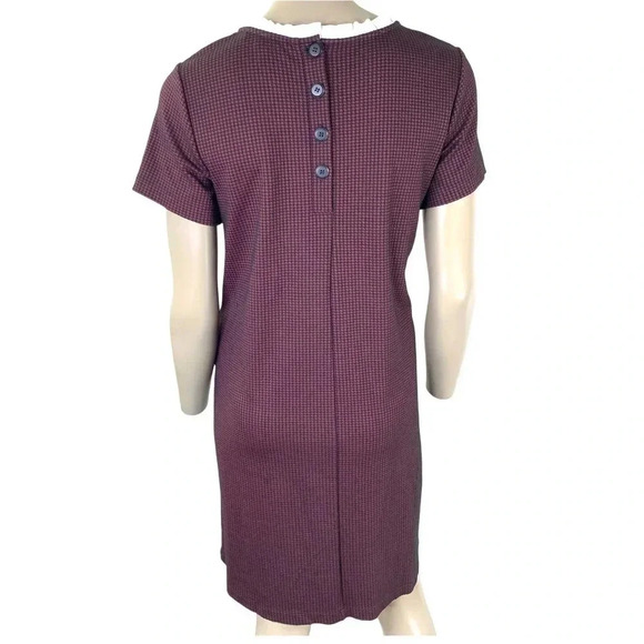 LOFT Houndstooth Tunic Shift Knit Dress Short sleeve Ruffle Neck Burgundy Size 6 - Picture 2 of 14